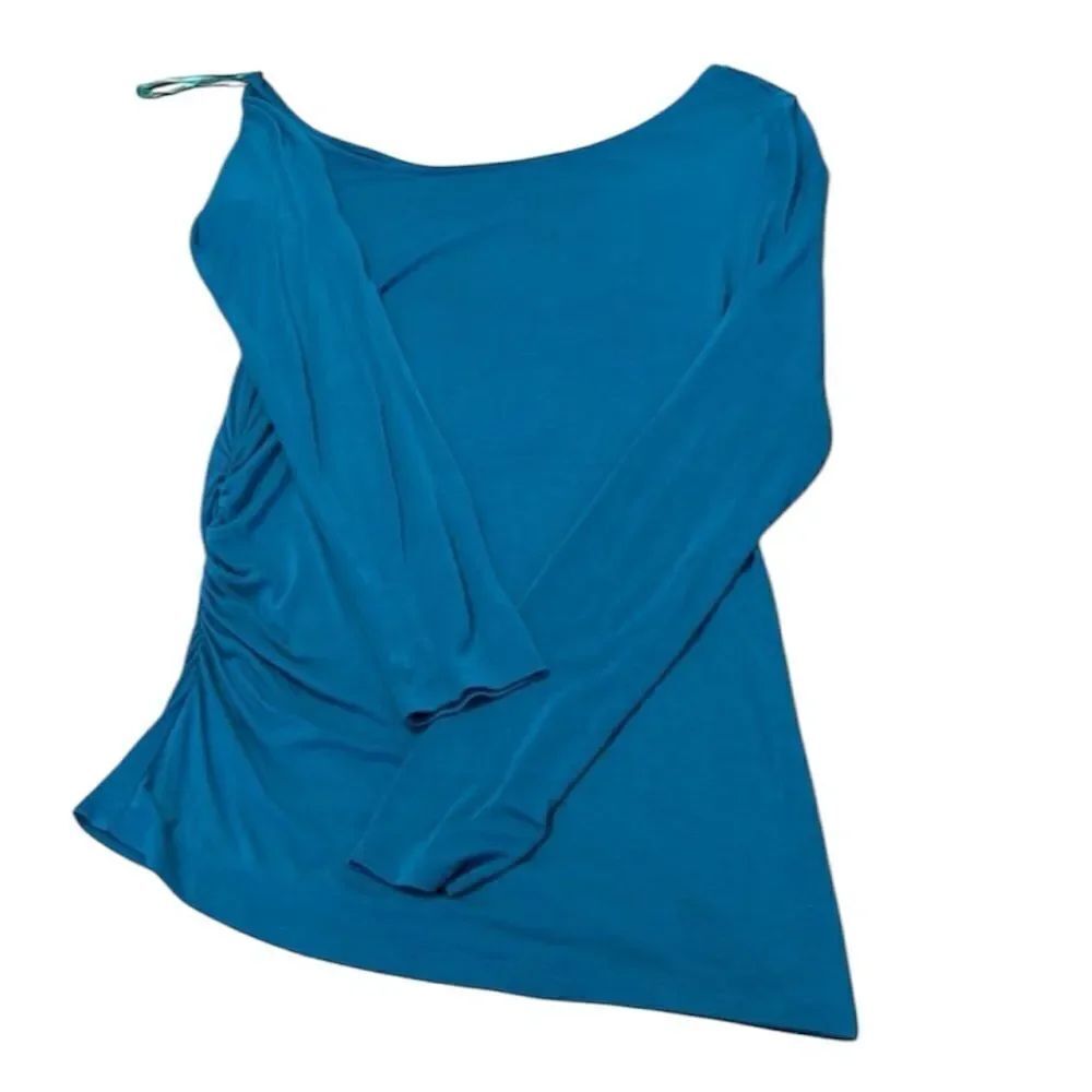 Nordstrom sz S turquoise one shoulder side gathered LS knit top worn once